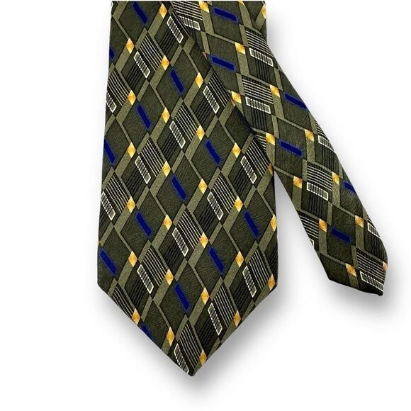 Alexander Julian Colours Men's 100% Silk Neck Tie Olive Green Geometric Print - Picture 1 of 7
